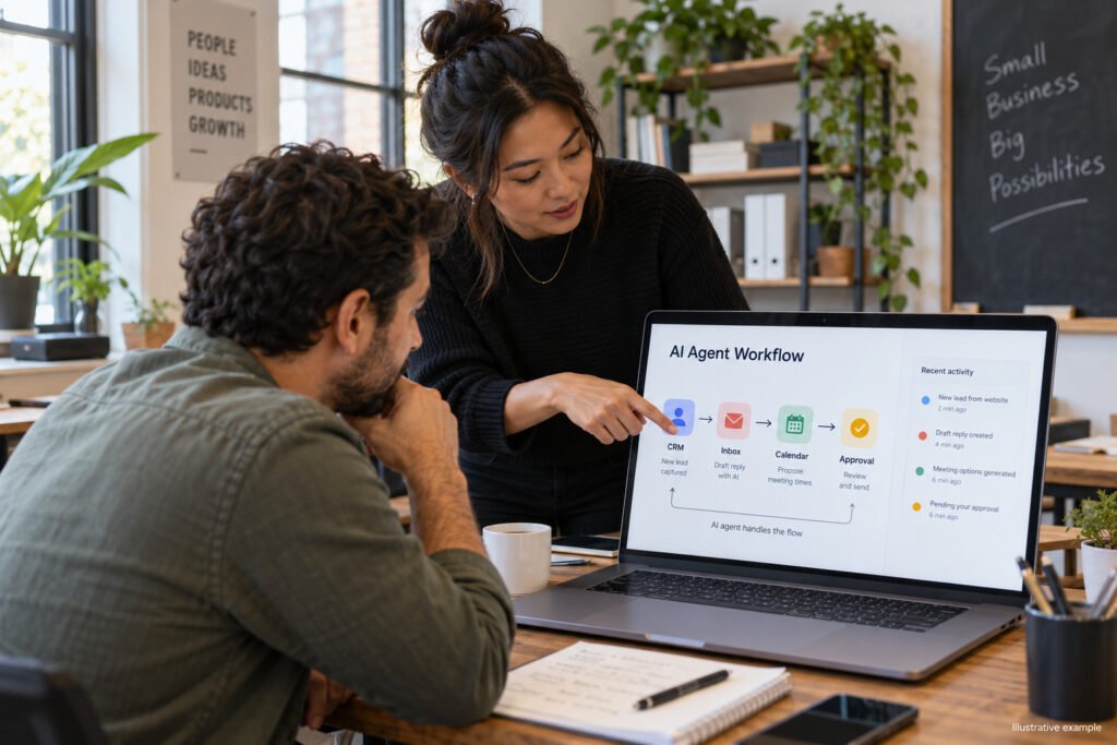 Business owner reviewing an AI workflow diagram connecting CRM, inbox, calendar, and approval steps