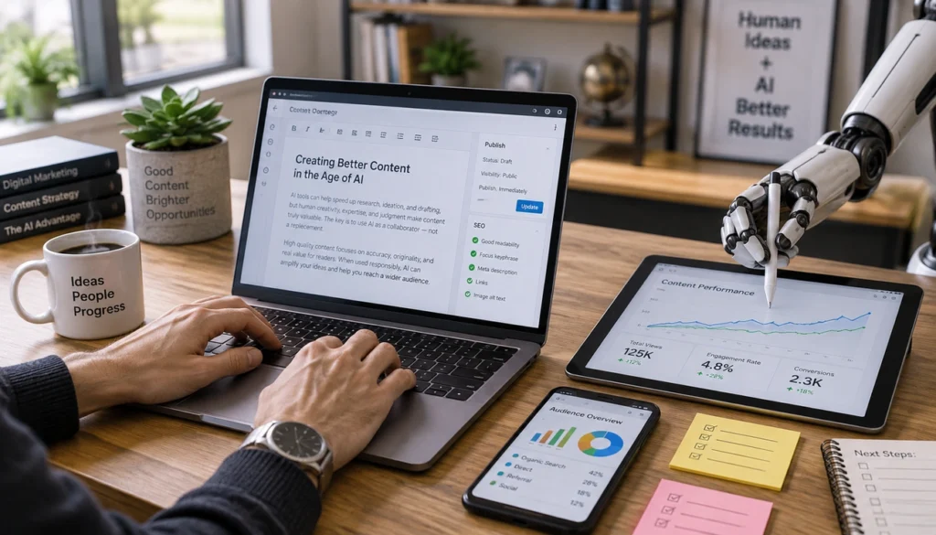 Person typing on a laptop about AI content while a robot points at a tablet showing content performance graphs.
