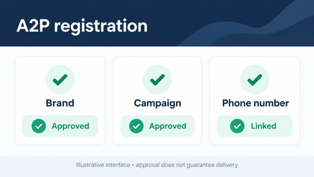 GoHighLevel dashboard showing A2P 10DLC registration status with green checkmarks next to Brand and Campaign
