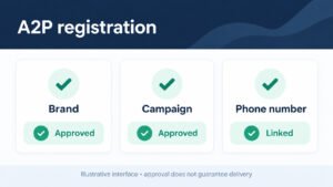 GoHighLevel dashboard showing A2P 10DLC registration status with green checkmarks next to Brand and Campaign