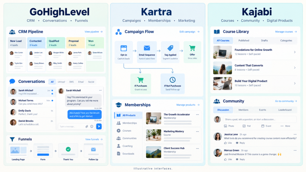 Split-screen comparison of GoHighLevel, Kartra, and Kajabi dashboards showing funnels, CRM records, courses, and automation
