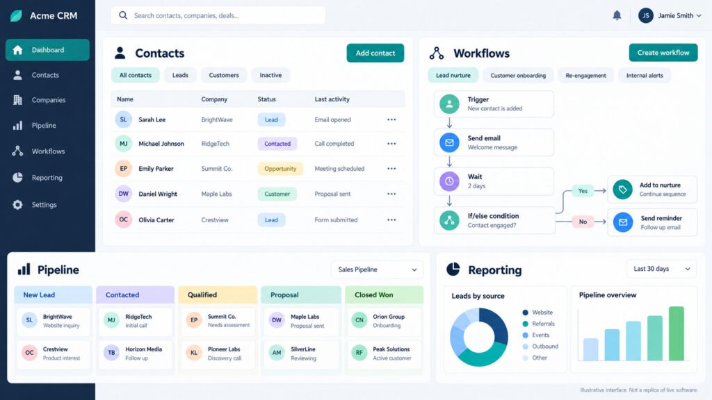 GoHighLevel dashboard showing organized CRM contacts, workflow triggers, pipeline stages, and conversion reporting