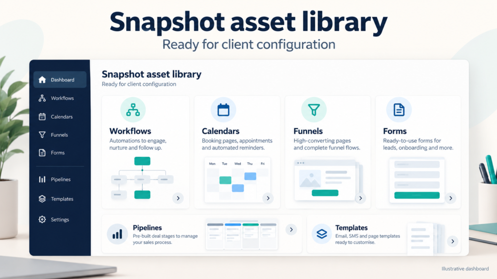 GoHighLevel dashboard showing a completed Snapshot with workflows, calendars, funnels, and organized sub-account assets