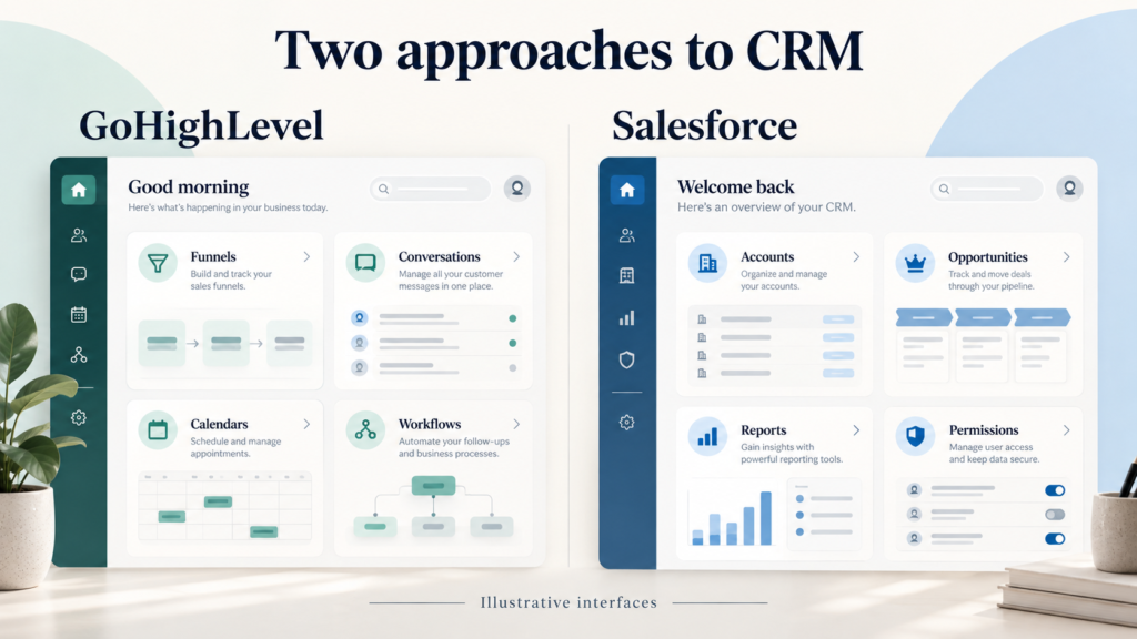 Split-screen comparison showing GoHighLevel marketing dashboard beside Salesforce enterprise CRM interface for a small business owner