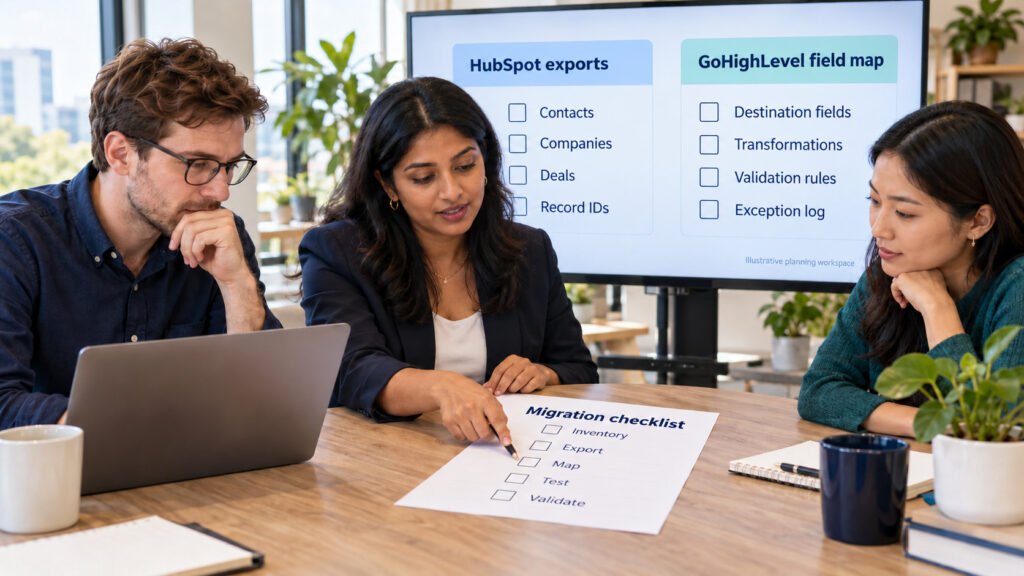 Project team reviewing a CRM migration checklist beside HubSpot exports and GoHighLevel field maps