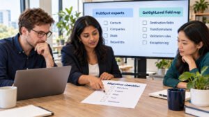 Project team reviewing a CRM migration checklist beside HubSpot exports and GoHighLevel field maps