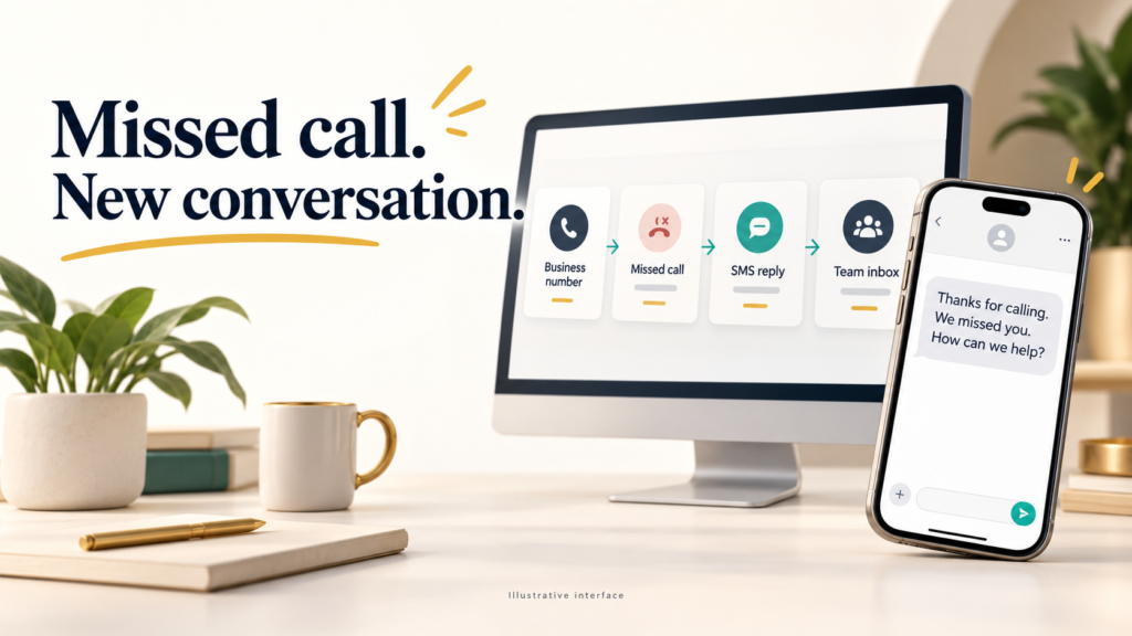 HighLevel dashboard showing missed-call automation settings, selected phone number, SMS preview, and conversation inbox