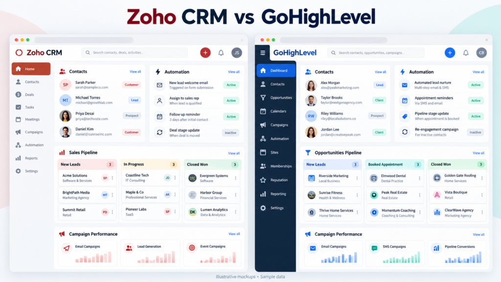 Split-screen comparison showing Zoho CRM and GoHighLevel dashboards with pipelines, automation, contacts, and campaign metrics